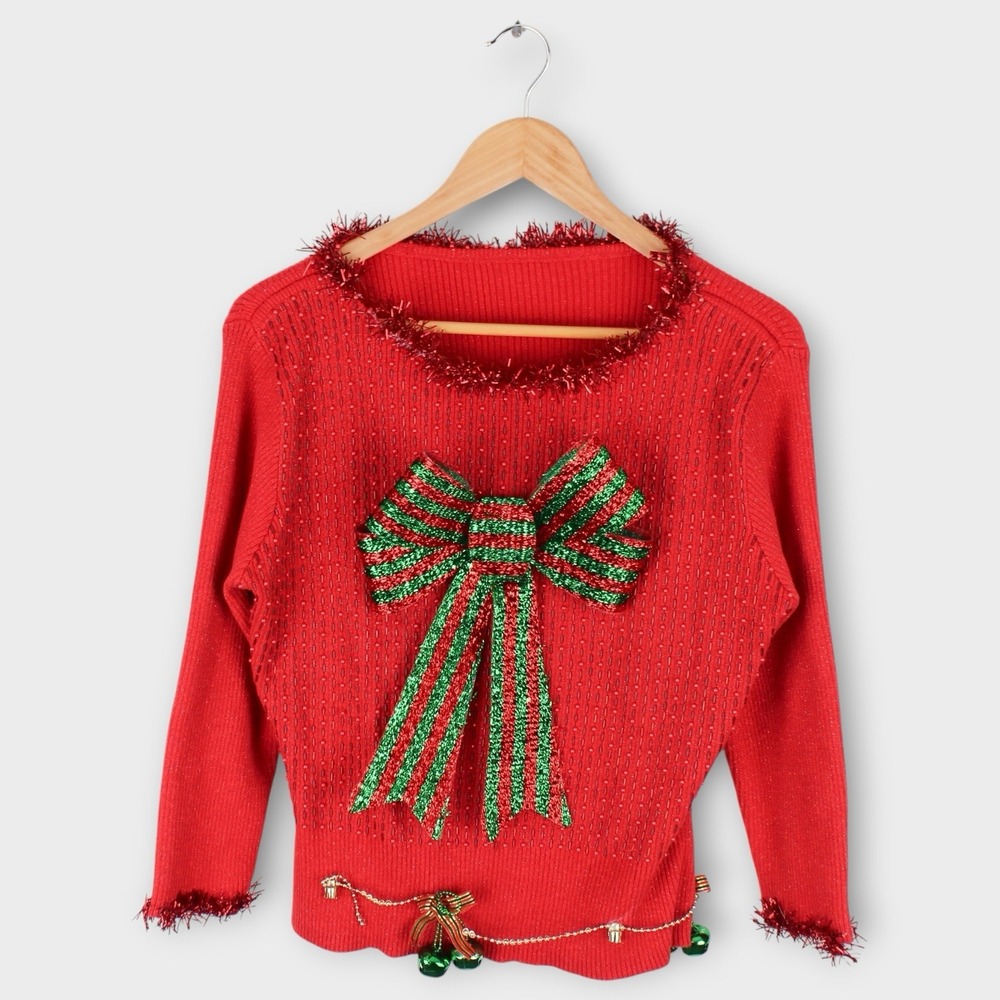 Women's Red Christmas Sweater‎ Large 3D Bow Tinsel Bells Ugly Holiday Party